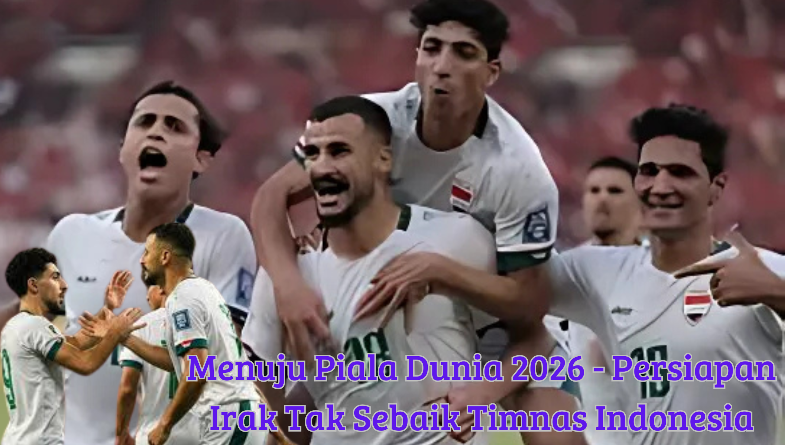 Pemain Timnas Irak merayakan gol dalam laga internasional dengan latar stadion penuh penonton."