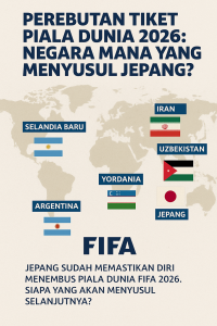 Infografis peta dunia dengan sorotan negara-negara yang sudah lolos ke Piala Dunia FIFA 2026, termasuk Jepang, Argentina, Selandia Baru, Iran, Uzbekistan, dan Yordania.