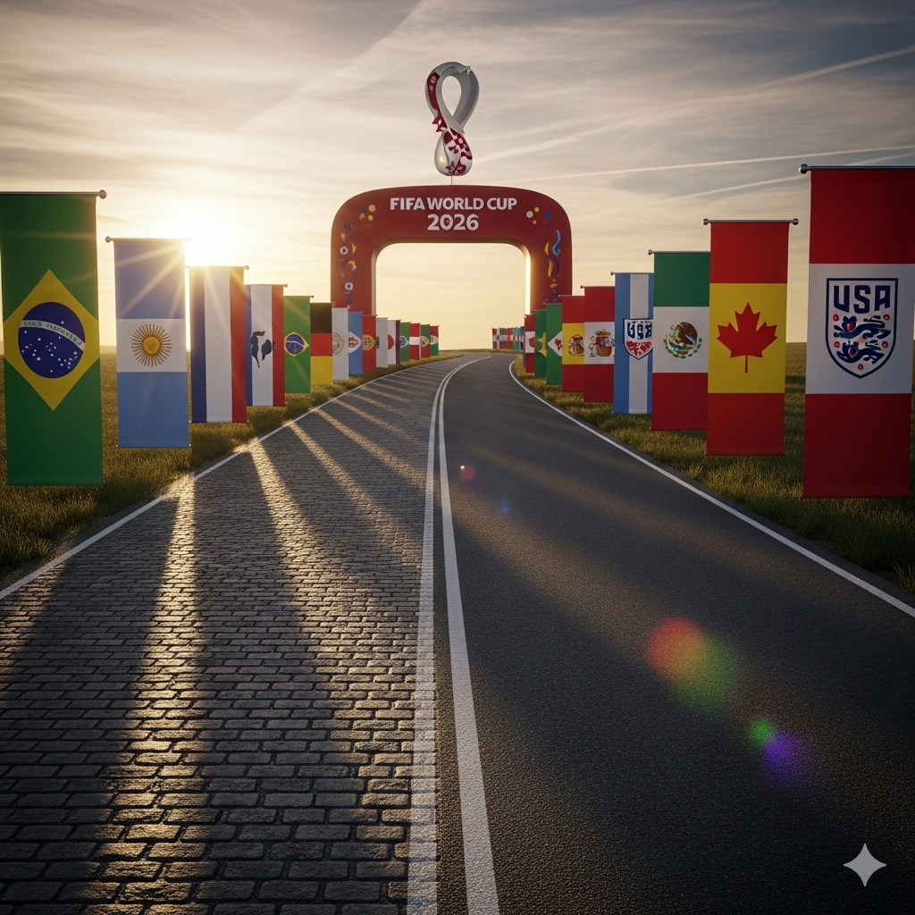 Ilustrasi jalan menuju gerbang Piala Dunia 2026, diapit oleh bendera tim-tim favorit seperti Brasil, Argentina, dan Prancis.
