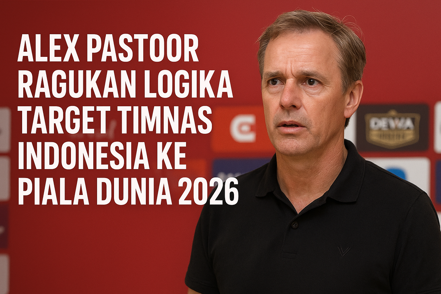 Alex Pastoor mengenakan kaus polo hitam berdiri di depan latar merah dengan logo sponsor, mengekspresikan wajah serius saat menanggapi target Timnas Indonesia ke Piala Dunia 2026.
