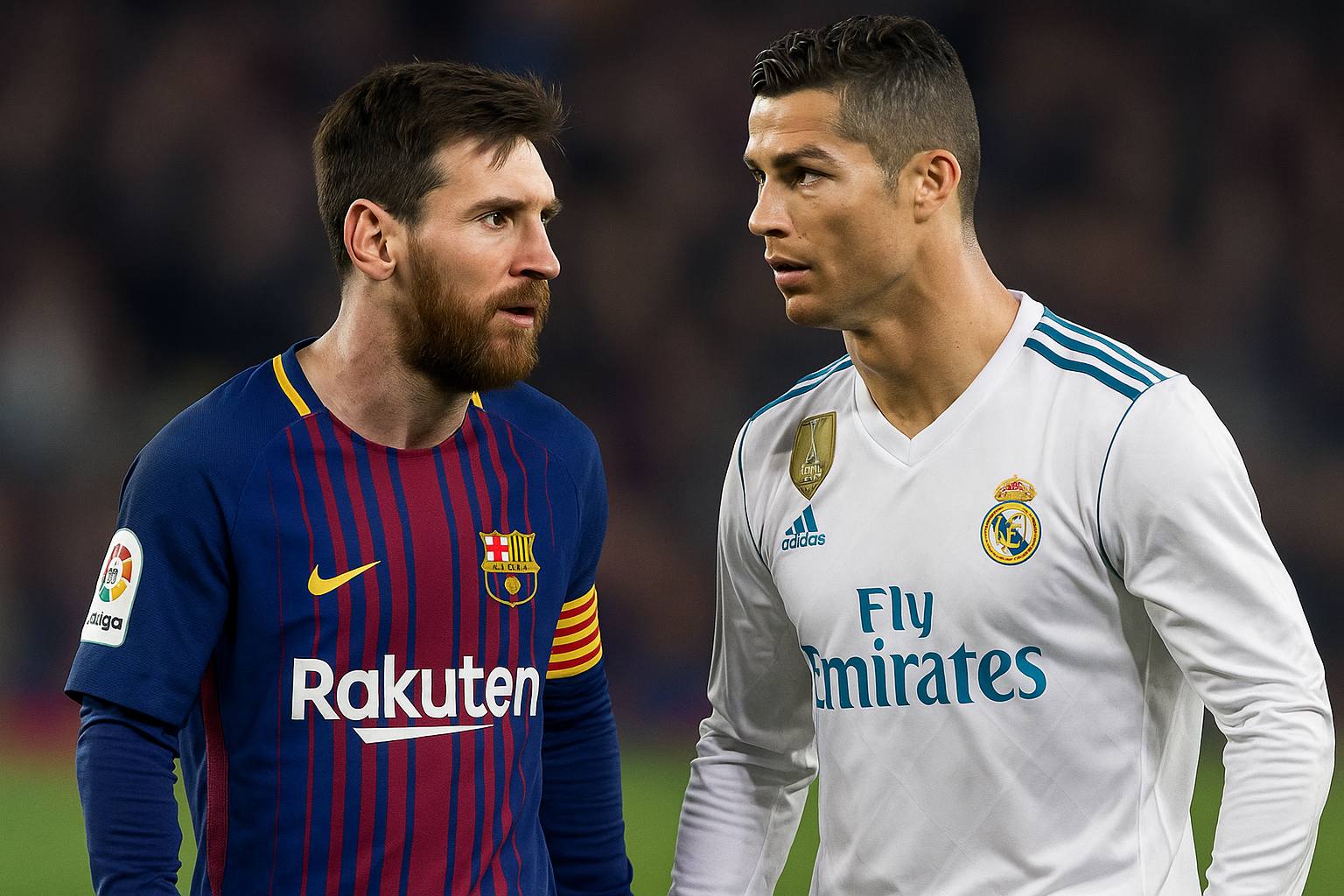 Dua pemain sepak bola legendaris berdiri berhadapan di lapangan, mengenakan seragam tim masing-masing, menggambarkan rivalitas abadi dalam dunia sepak bola