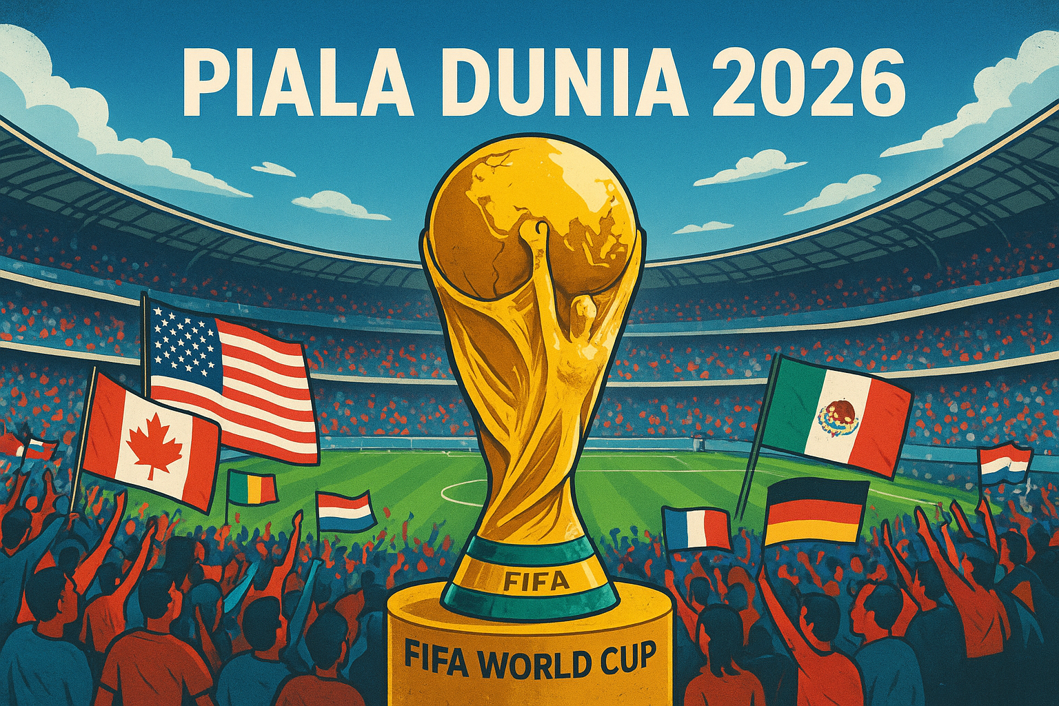 "Ilustrasi Piala Dunia 2026 dengan trofi emas di stadion penuh suporter, serta bendera Amerika Serikat, Kanada, dan Meksiko sebagai tuan rumah."
