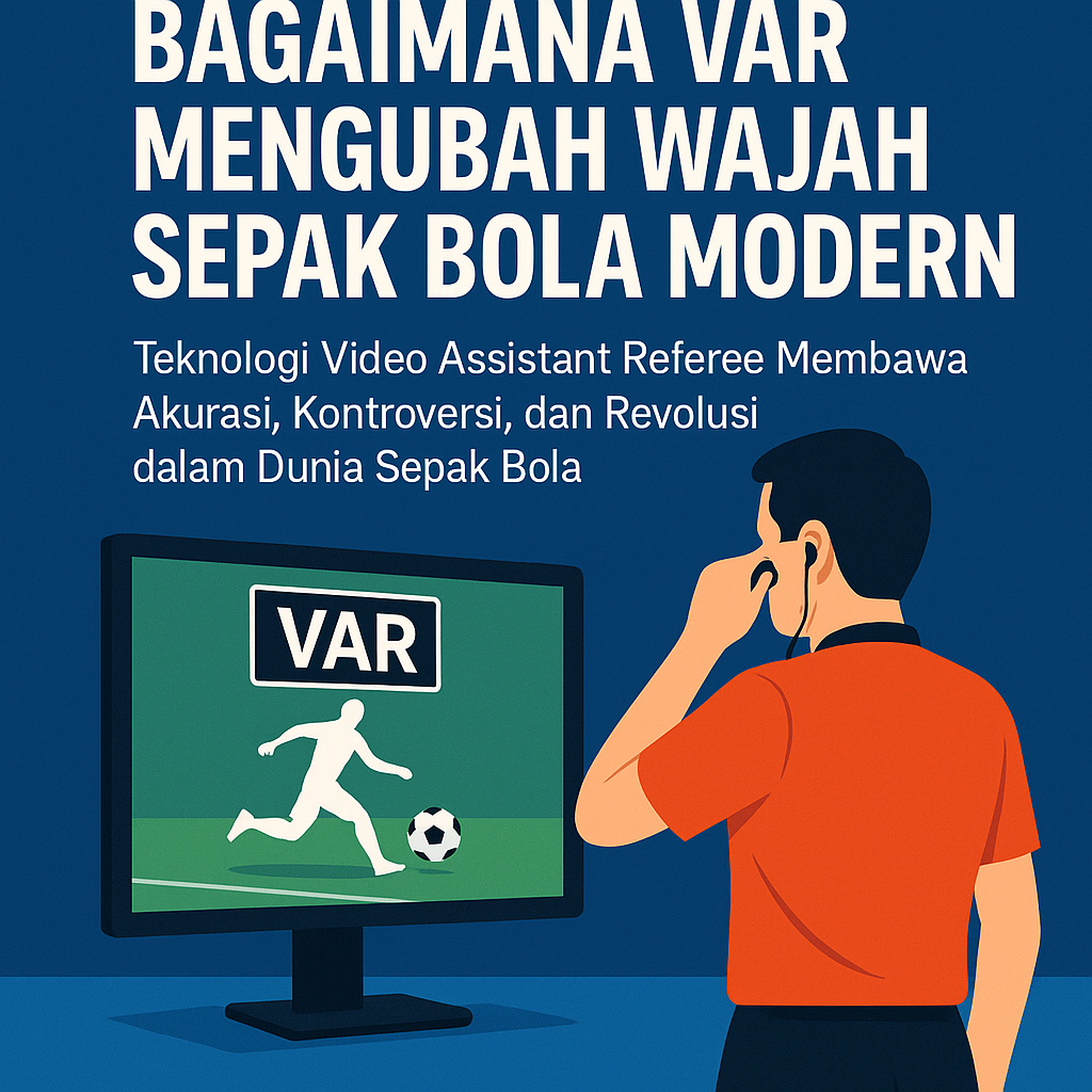 Ilustrasi wasit sepak bola sedang meninjau tayangan VAR di layar monitor dengan judul “Bagaimana VAR Mengubah Wajah Sepak Bola Modern”.