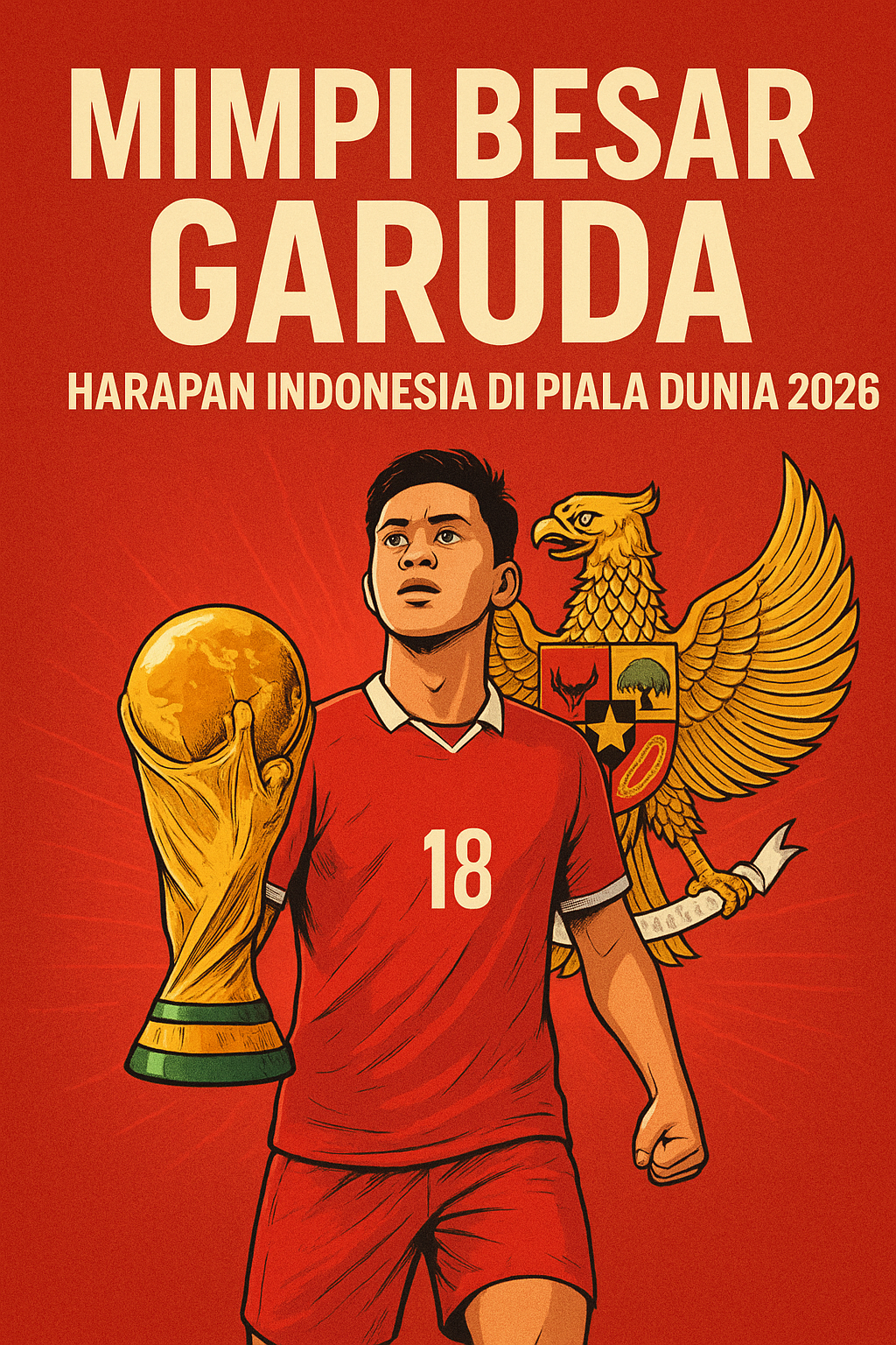 "Ilustrasi pemain sepak bola Indonesia mengenakan jersey merah dengan latar belakang Garuda Pancasila dan trofi Piala Dunia 2026."