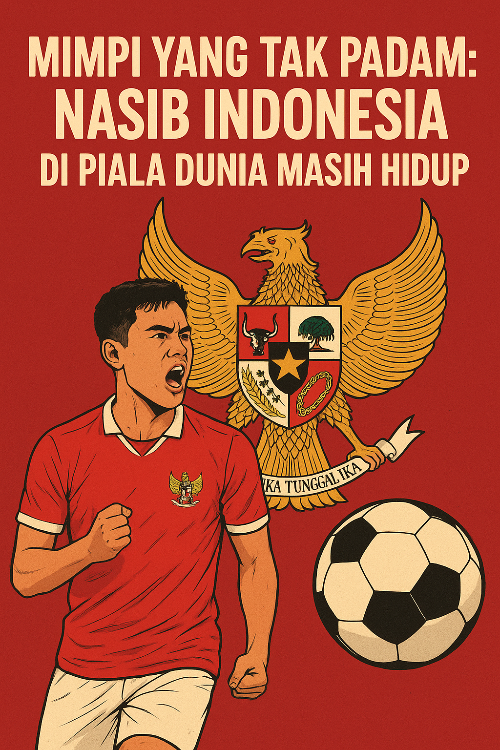 “Pemain Timnas Indonesia dengan seragam merah berlari penuh semangat di depan lambang Garuda Pancasila dan bola, menggambarkan perjuangan menuju Piala Dunia.”