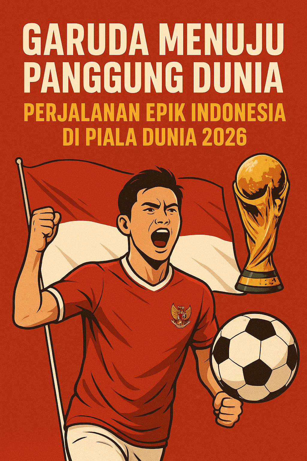 Ilustrasi pemain Timnas Indonesia bersemangat membawa bendera Merah Putih dengan latar Piala Dunia 2026 dan trofi emas, melambangkan semangat Garuda menuju panggung dunia.