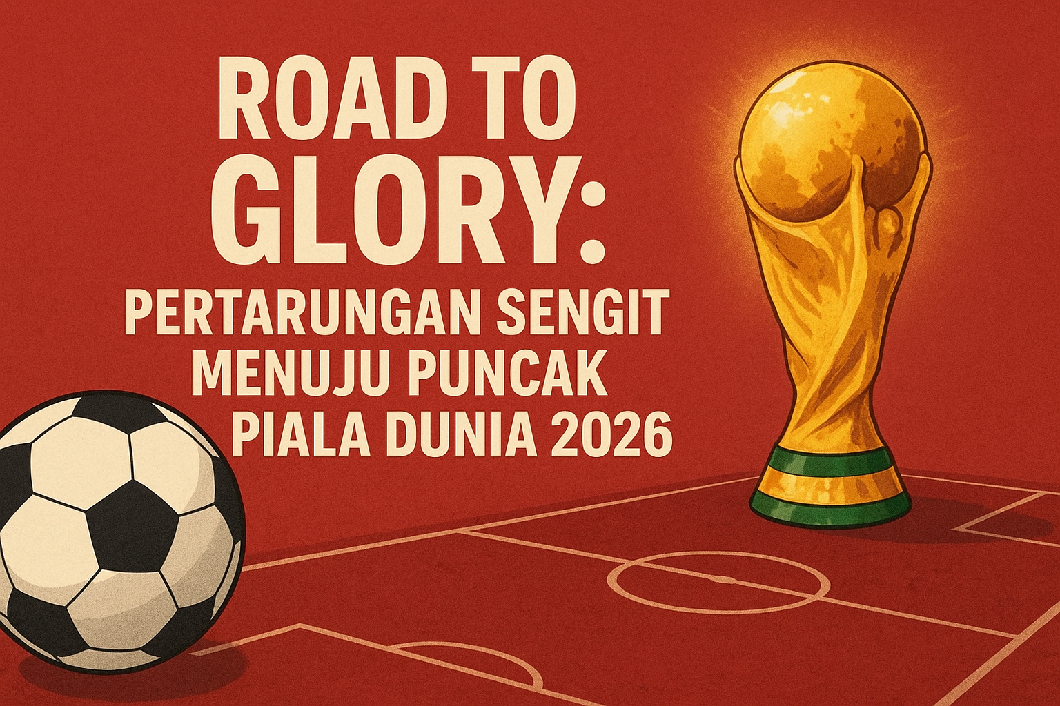 Gambar trofi emas Piala Dunia berdiri di atas lapangan hijau dengan latar merah, menampilkan teks “Road to Glory: Pertarungan Sengit Menuju Puncak Piala Dunia 2026”.