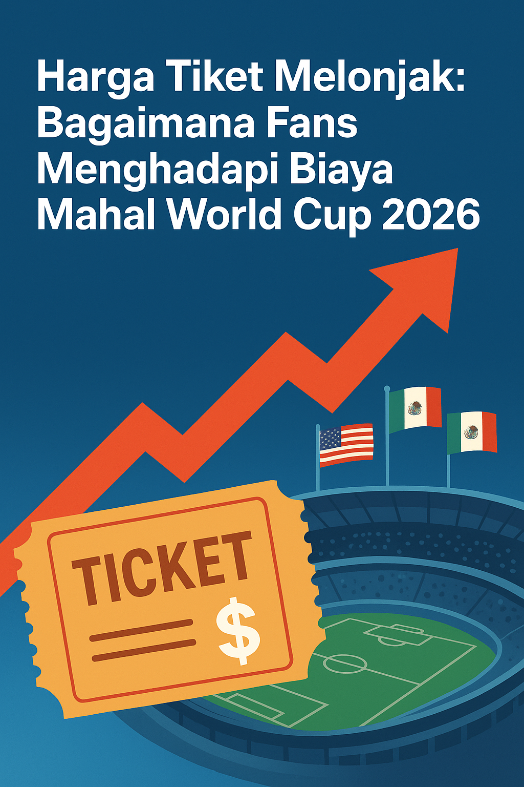 Ilustrasi stadion sepak bola Piala Dunia 2026 dengan panah merah naik dan tiket bertanda dolar, melambangkan kenaikan harga tiket di Amerika Serikat, Kanada, dan Meksiko.