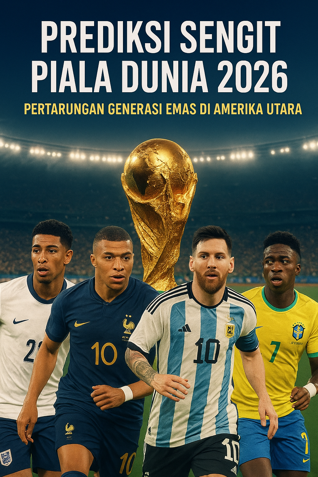 Empat pemain bintang dunia — Jude Bellingham, Kylian Mbappé, Lionel Messi, dan Vinícius Júnior — berdiri di depan trofi Piala Dunia 2026 dengan latar stadion megah di Amerika Utara.