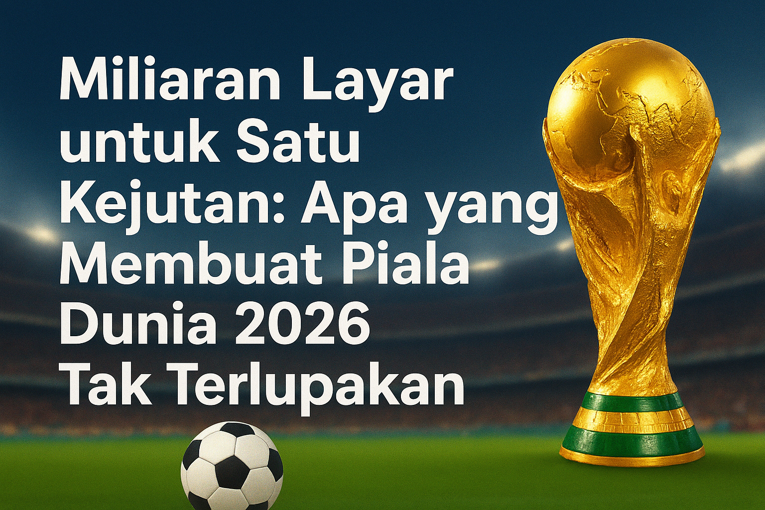 Gambar piala dunia emas dengan bola sepak di lapangan stadion, disertai teks judul βMiliaran Layar untuk Satu Kejutan: Apa yang Membuat Piala Dunia 2026 Tak Terlupakanβ.
