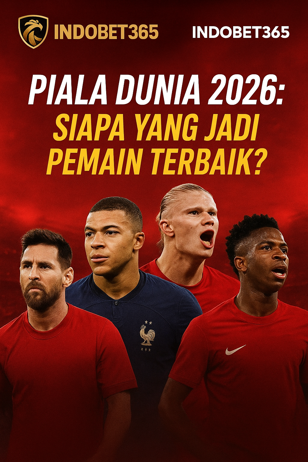 "Poster Piala Dunia 2026 menampilkan Lionel Messi, Kylian Mbappé, Erling Haaland, dan Vinícius Júnior dengan teks pertanyaan siapa yang akan menjadi pemain terbaik."