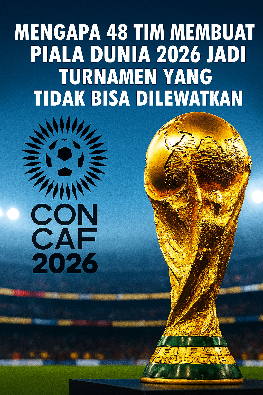"Trofi Piala Dunia 2026 dengan latar stadion penuh penonton dan logo CONCACAF 2026, menggambarkan semangat global dari turnamen dengan 48 tim peserta."