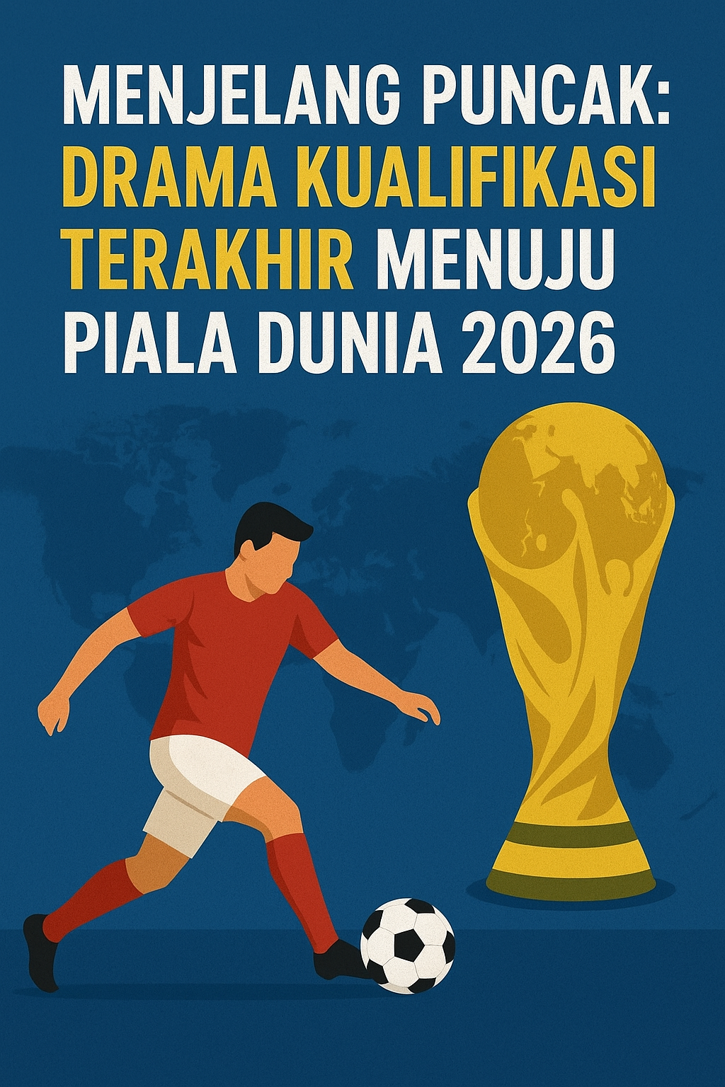 Ilustrasi pemain sepak bola menendang bola dengan latar belakang Piala Dunia 2026 berwarna emas dan tulisan judul “Menjelang Puncak: Drama Kualifikasi Terakhir Menuju Piala Dunia 2026”.