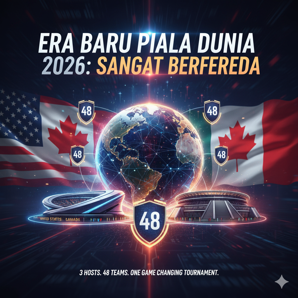 Bendera AS, Kanada, Meksiko berkibar di belakang Bumi holografik di tengah lapangan sepak bola virtual, dengan angka '48' melayang di sekitar globe dan stadion modern, melambangkan Piala Dunia 2026 yang lebih besar dan berbeda.