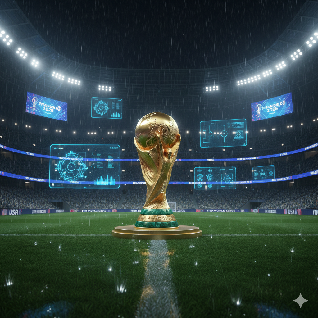 Piala Dunia berkilau berdiri tegak di tengah lapangan sepak bola hijau yang kosong di dalam stadion modern yang diterangi lampu sorot.