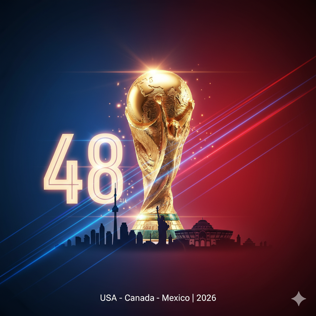 Trofi Piala Dunia FIFA diapit oleh angka 48 dengan skyline Amerika Utara dan latar belakang tiga warna negara tuan rumah, melambangkan Piala Dunia 2026.