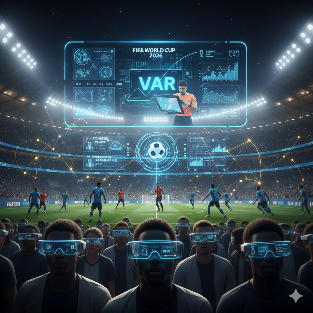 "Ilustrasi futuristik tentang Piala Dunia 2026 dengan elemen digital AI, sistem VAR, dan grafik data analytics yang memproyeksikan strategi pertandingan."