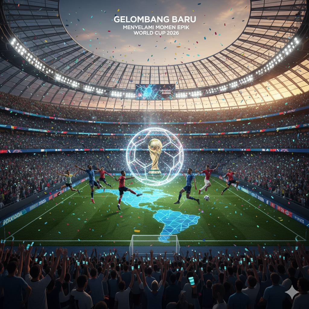 "Pemandangan epik stadion World Cup 2026 yang penuh suporter dengan bola raksasa hologram Trofi Dunia di tengah lapangan dan pemain sedang beraksi."