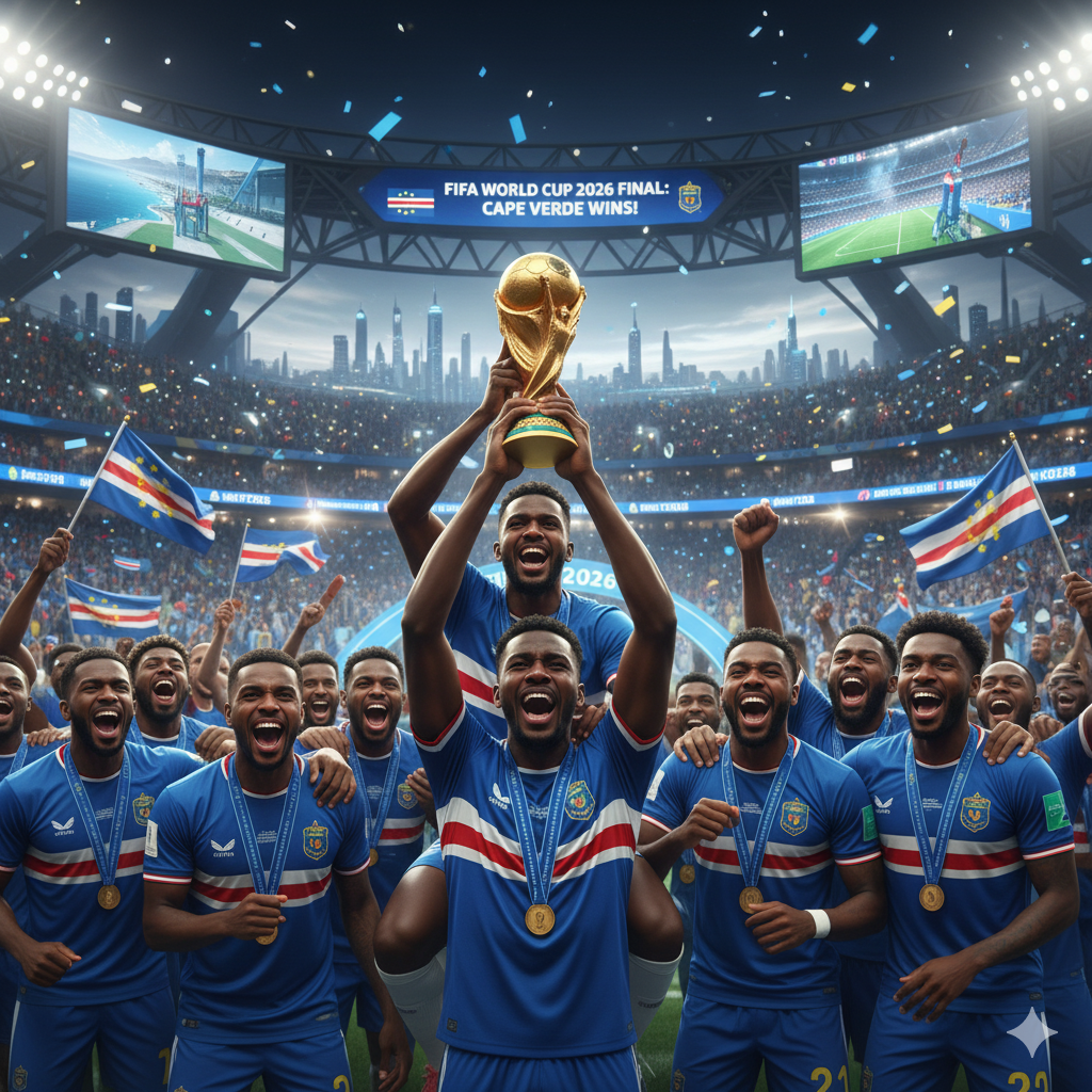 "Tim sepak bola Cape Verde merayakan kemenangan Piala Dunia 2026 di stadion penuh sesak, mengangkat trofi di tengah sorak-sorai penonton dan bendera negara."