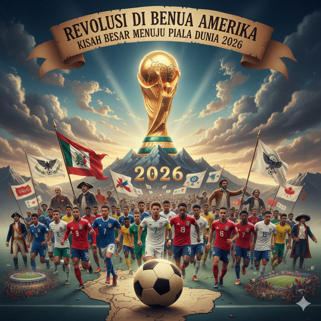 Ilustrasi Piala Dunia 2026 yang menunjukkan pemain sepak bola dari benua Amerika berlari bersama tokoh revolusi sejarah, dengan trofi Piala Dunia besar di latar belakang dan peta benua Amerika.