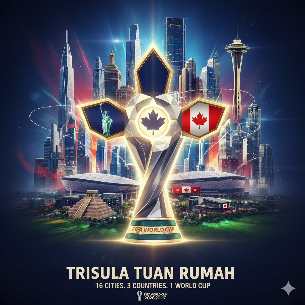 "Ilustrasi trofi Piala Dunia 2026 di atas siluet kota-kota besar Amerika, Kanada, dan Meksiko, melambangkan tiga negara tuan rumah."