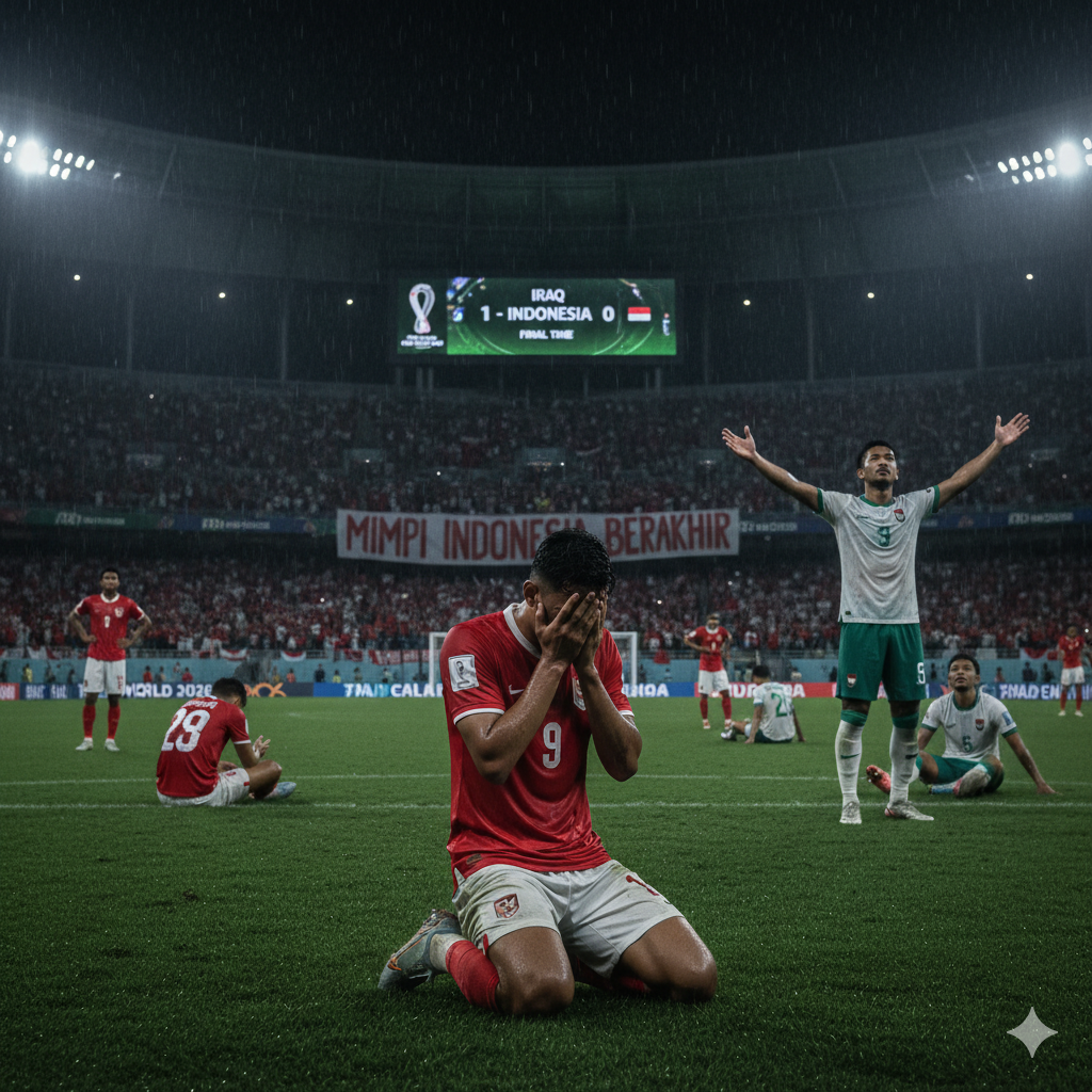 "Pemain timnas Indonesia tampak kecewa dan berlutut di lapangan setelah pertandingan, dengan skor 1-0 untuk Irak tertera di papan skor stadion yang terang benderang."