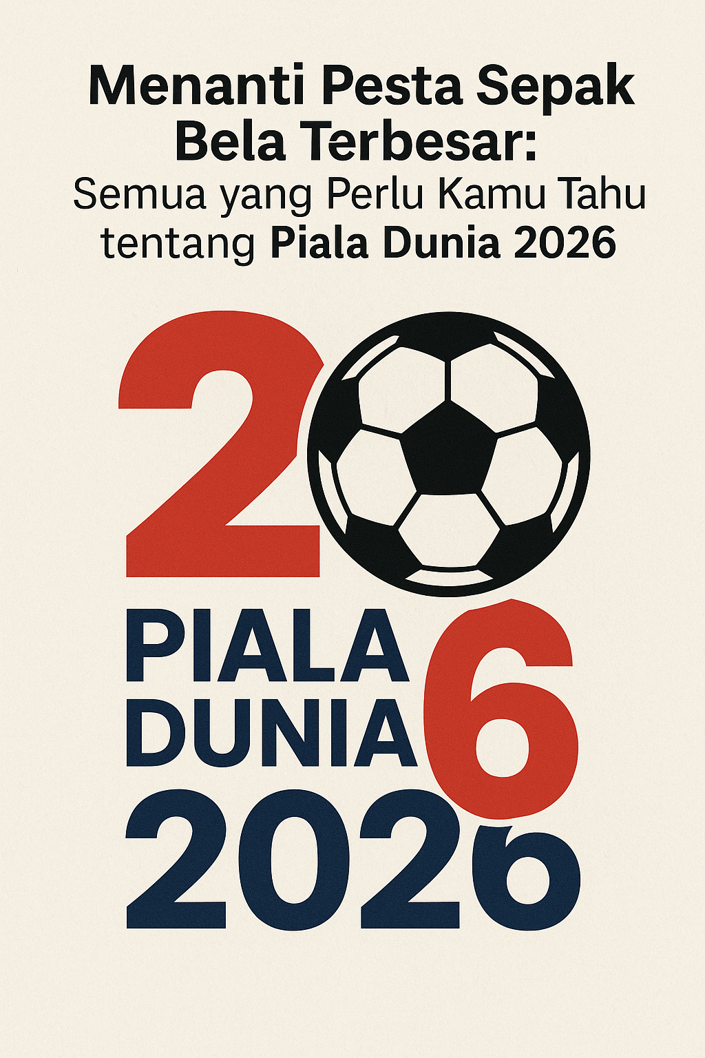 Piala Dunia 2026 dengan tulisan “Menanti Pesta Sepak Bola Terbesar: Semua yang Perlu Kamu Tahu tentang Piala Dunia 2026” dan desain bola sepak di tengah angka 2026.