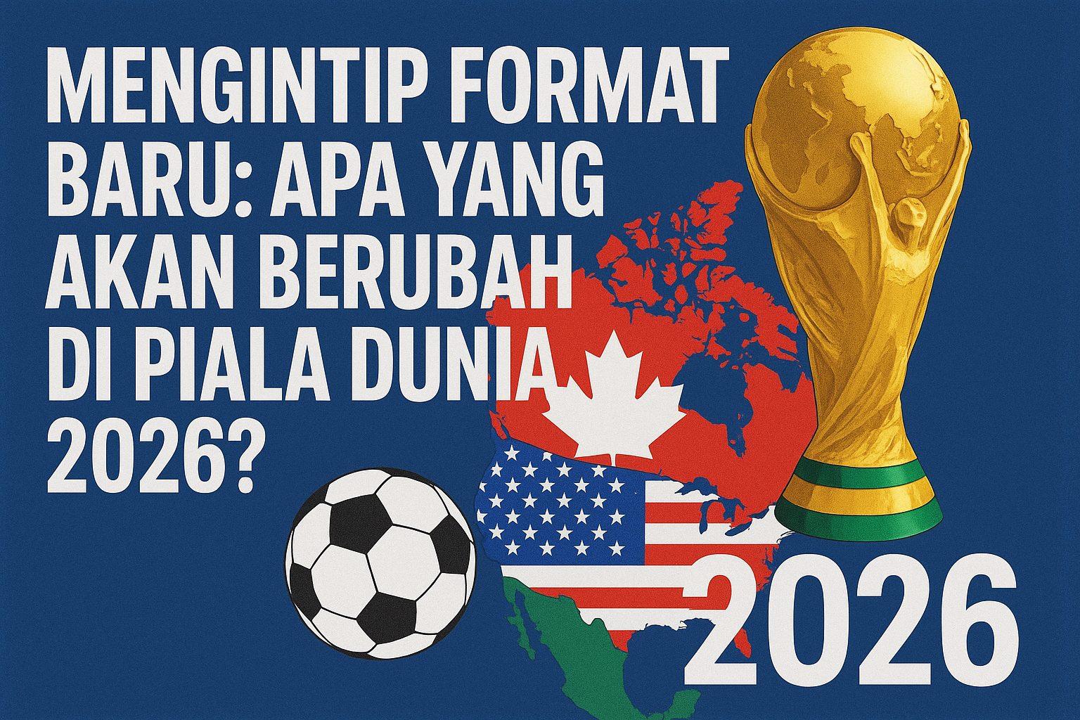 Ilustrasi Piala Dunia 2026 menampilkan trofi emas, peta Amerika Utara, dan tulisan besar “Mengintip Format Baru: Apa yang Akan Berubah di Piala Dunia 2026?” dengan nuansa biru elegan.