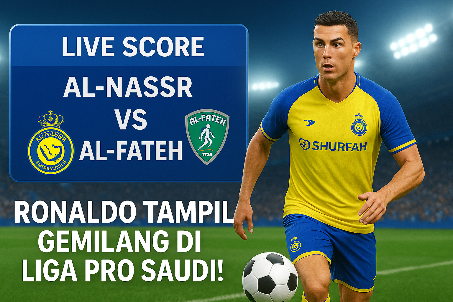 pertandingan Al-Nassr vs Al-Fateh di Liga Pro Saudi menampilkan pemain Al-Nassr sedang menggiring bola di stadion dengan latar papan skor pertandingan.