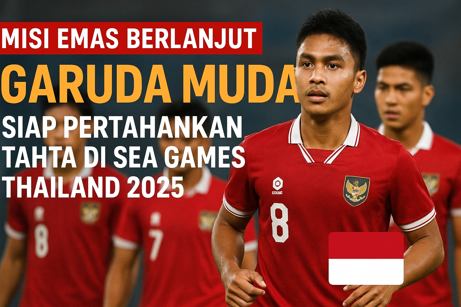 Pemain Timnas U-23 Indonesia mengenakan jersey merah dengan lambang Garuda, bersiap menghadapi SEA Games Thailand 2025, membawa semangat mempertahankan medali emas.