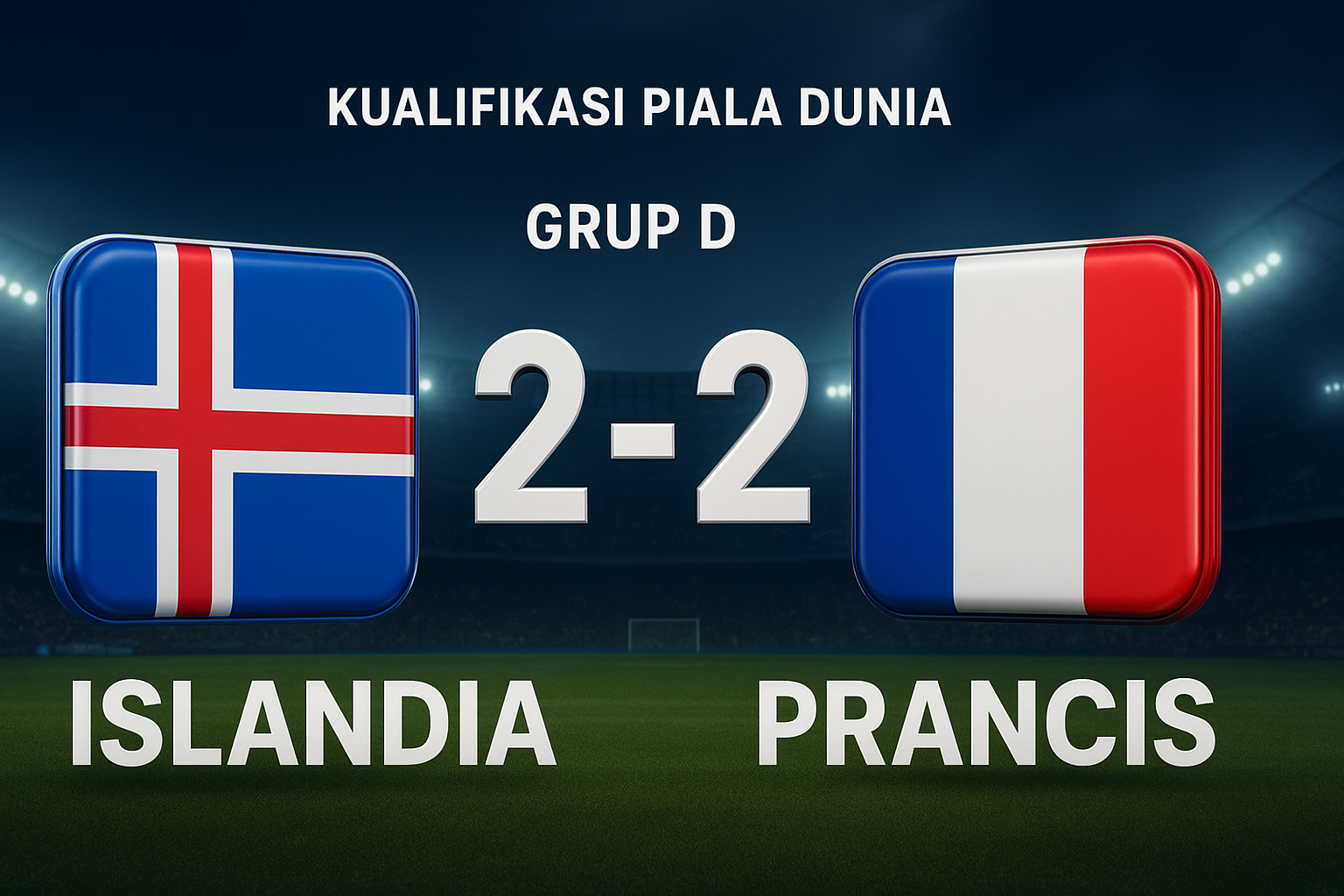 Hasil pertandingan Islandia vs Prancis berakhir imbang 2-2 di Kualifikasi Piala Dunia Grup D