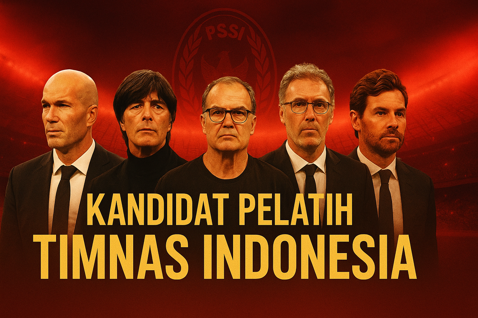 Lima pelatih top dunia kandidat pelatih Timnas Indonesia berdiri di depan latar stadion dengan logo PSSI dan teks besar bertuliskan “Kandidat Pelatih Timnas Indonesia”.