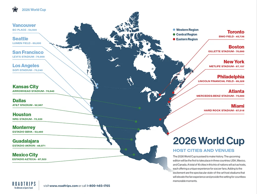 Peta lokasi kota tuan rumah Piala Dunia 2026 di Amerika Serikat, Kanada, dan Meksiko.