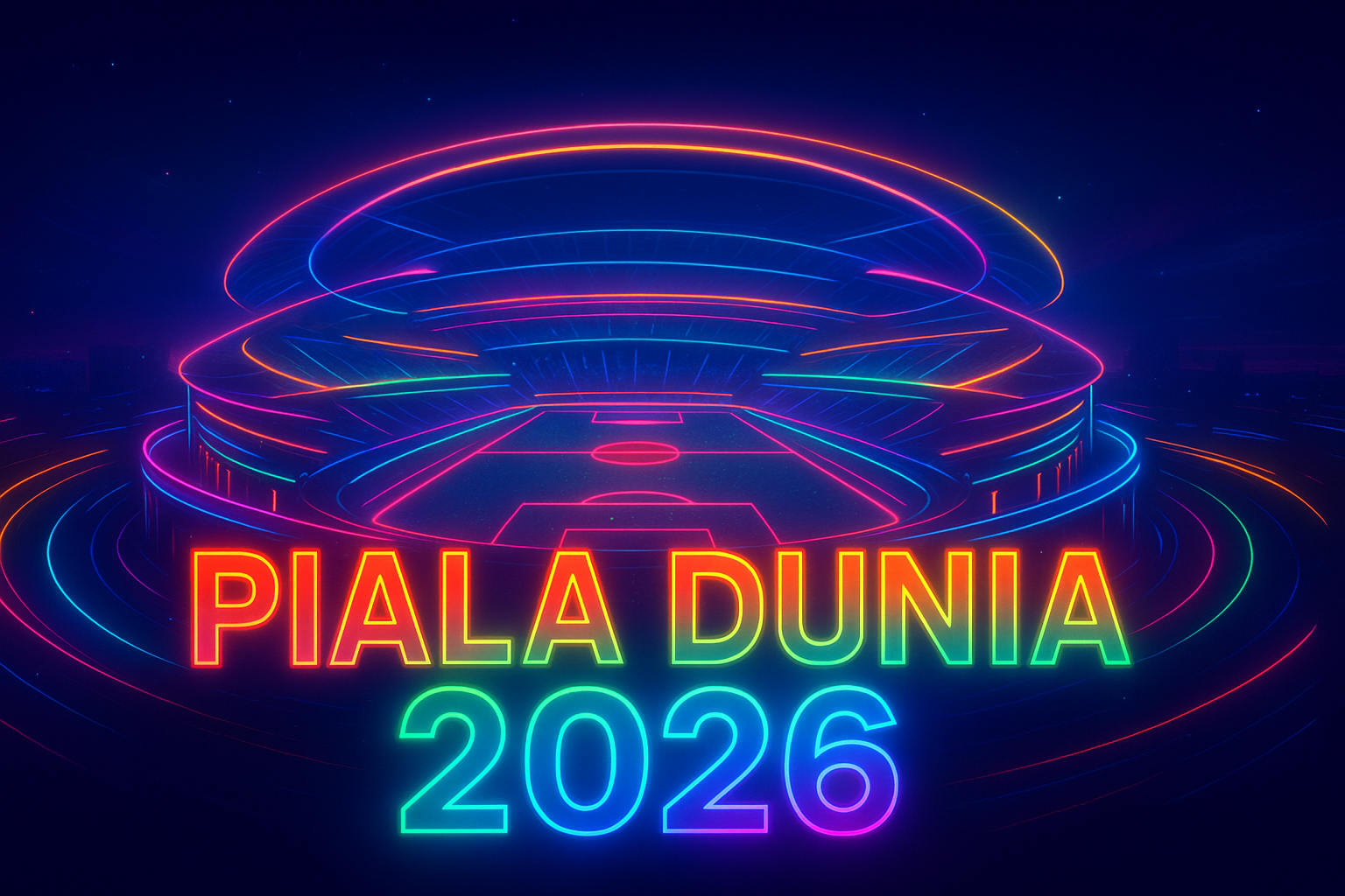 Stadion futuristik neon untuk Piala Dunia 2026 dengan tulisan Piala Dunia 2026