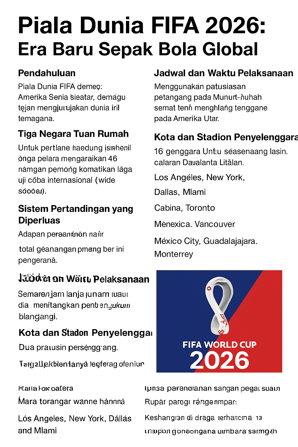 Artikel berjudul “Piala Dunia FIFA 2026: Era Baru Sepak Bola Global” yang menjelaskan tuan rumah, format baru, dan jadwal turnamen sepak bola terbesar dunia.
