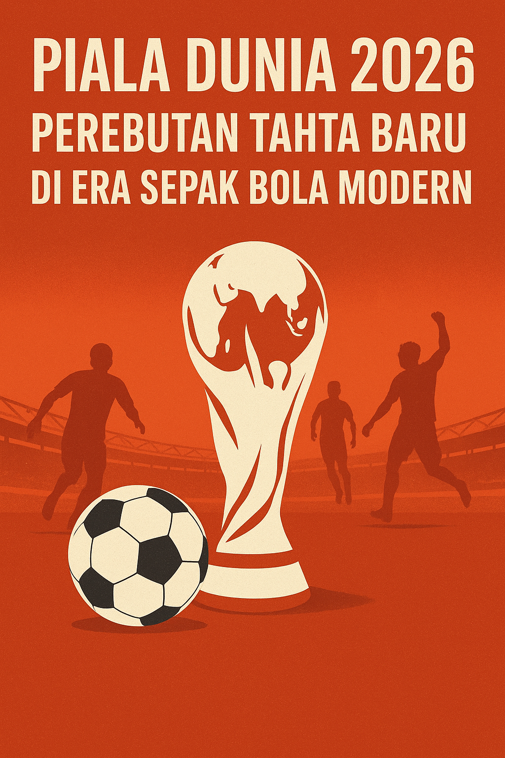 “Ilustrasi Piala Dunia 2026 menampilkan trofi Piala Dunia, bola, dan siluet pemain di stadion dengan nuansa merah oranye.”