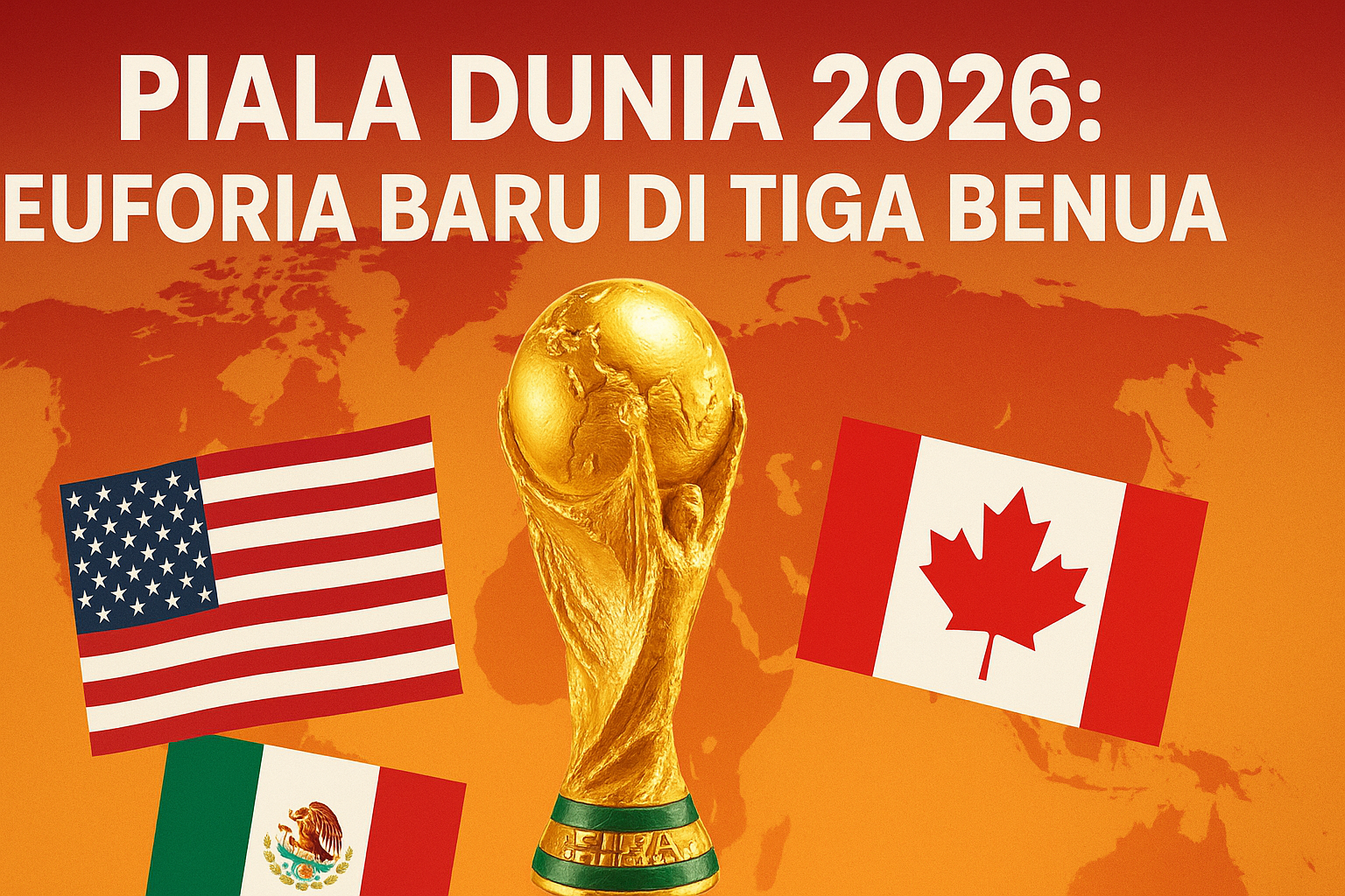 Gambar trofi Piala Dunia 2026 dengan latar peta tiga benua dan bendera Amerika Serikat, Kanada, serta Meksiko yang menjadi tuan rumah turnamen