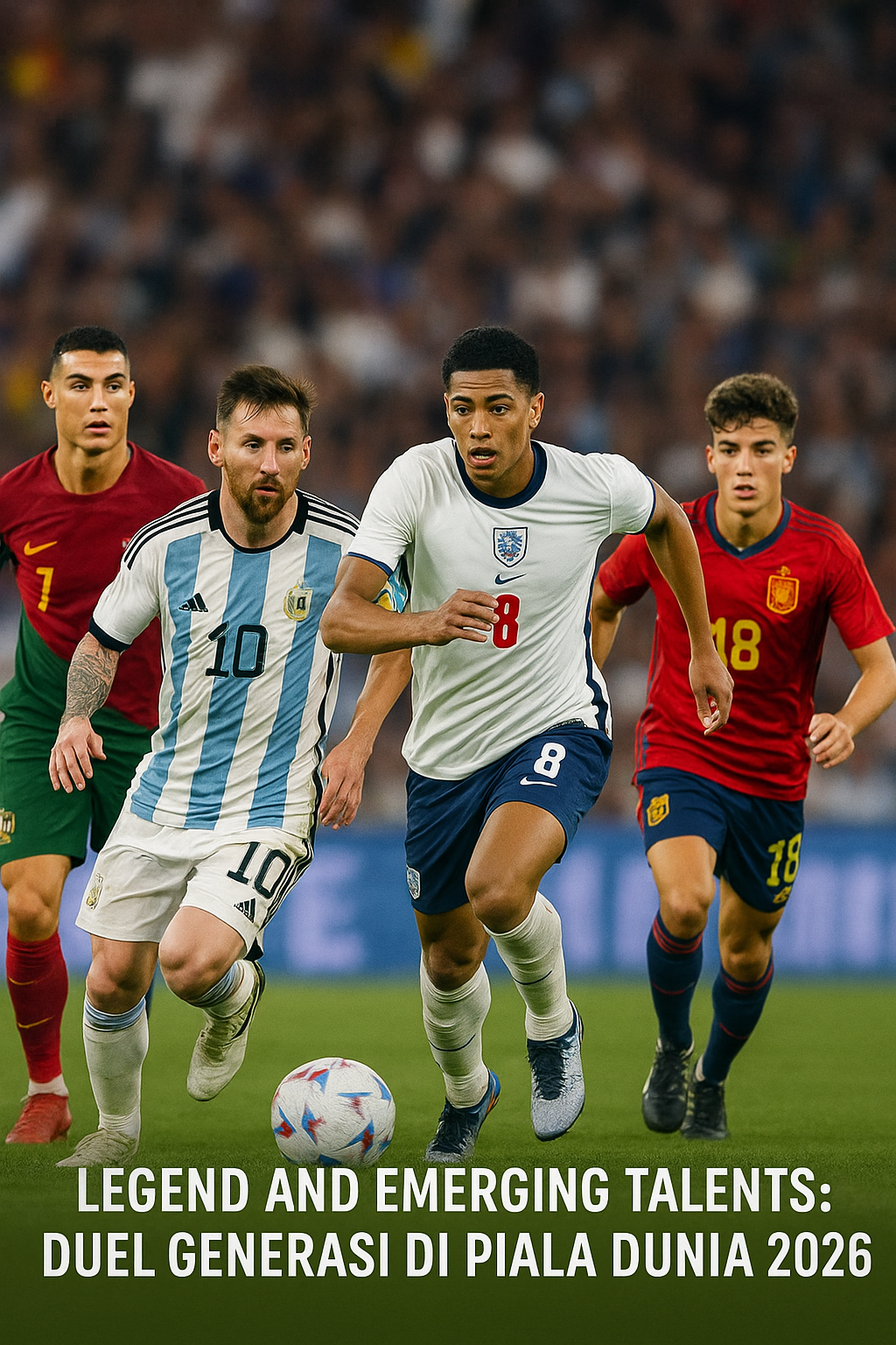 Para pemain legenda dan bintang muda seperti Lionel Messi, Jude Bellingham, dan Pedri sedang beraksi di lapangan Piala Dunia 2026, menggambarkan pertarungan antara generasi lama dan baru.