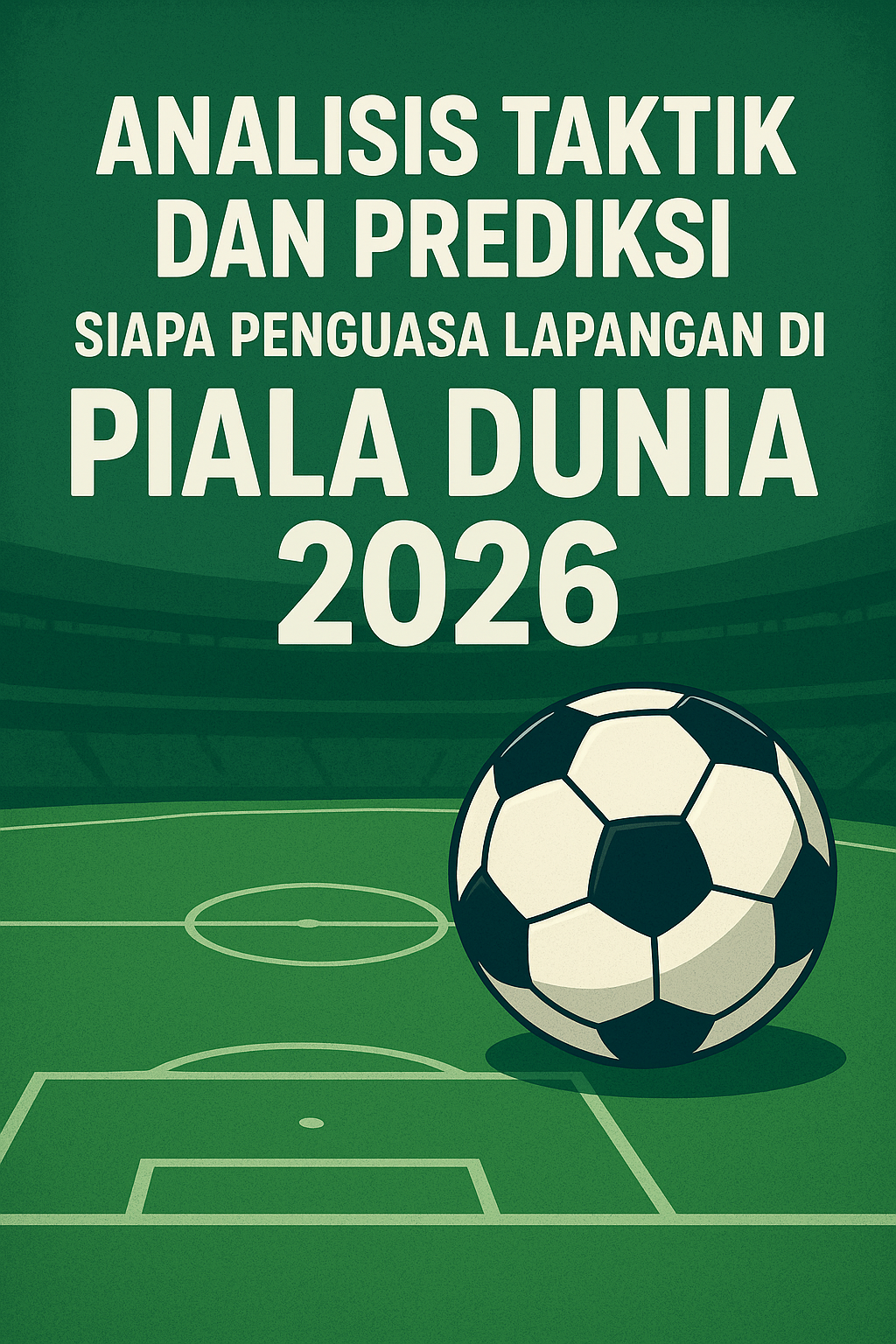 Gambar ilustrasi bertema sepak bola dengan latar lapangan hijau dan bola di depan, menampilkan tulisan “Analisis Taktik dan Prediksi: Siapa Penguasa Lapangan di Piala Dunia 2026”.