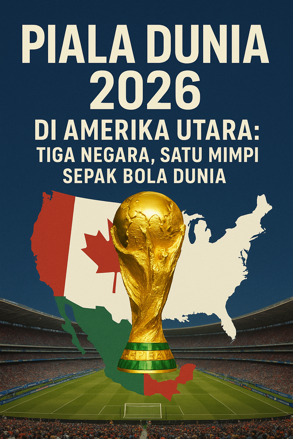 Gambar Piala Dunia 2026 menampilkan trofi emas di depan peta Amerika Utara dengan warna bendera Amerika Serikat, Kanada, dan Meksiko di atas stadion megah.