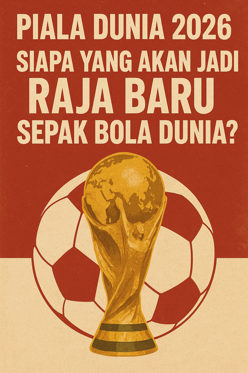 "Poster Piala Dunia 2026 dengan gambar trofi emas dan latar bola sepak berwarna merah krem."