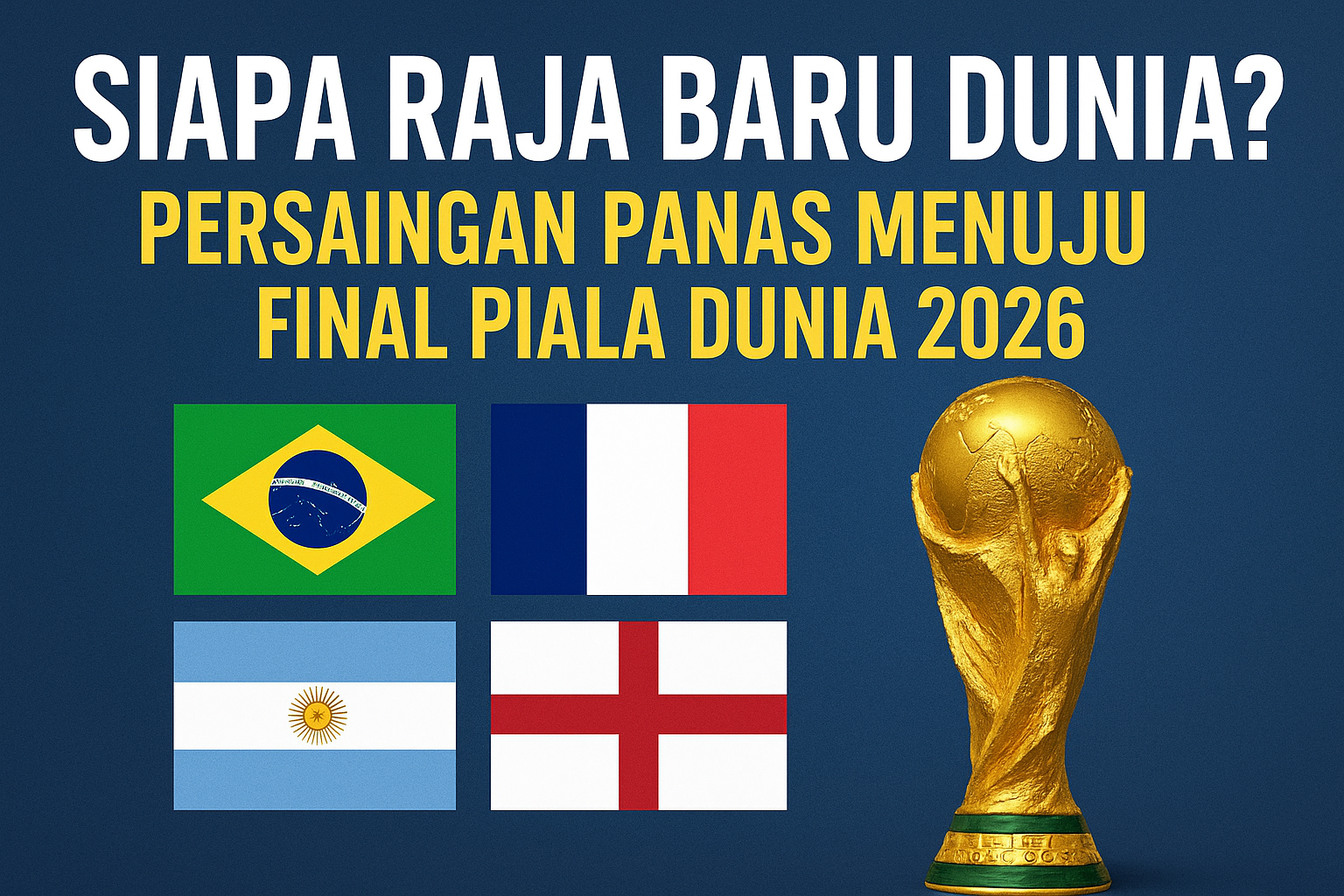 “Poster bertema Piala Dunia 2026 yang menampilkan trofi emas, arena stadion modern, dan nuansa kompetisi menuju final dunia.”