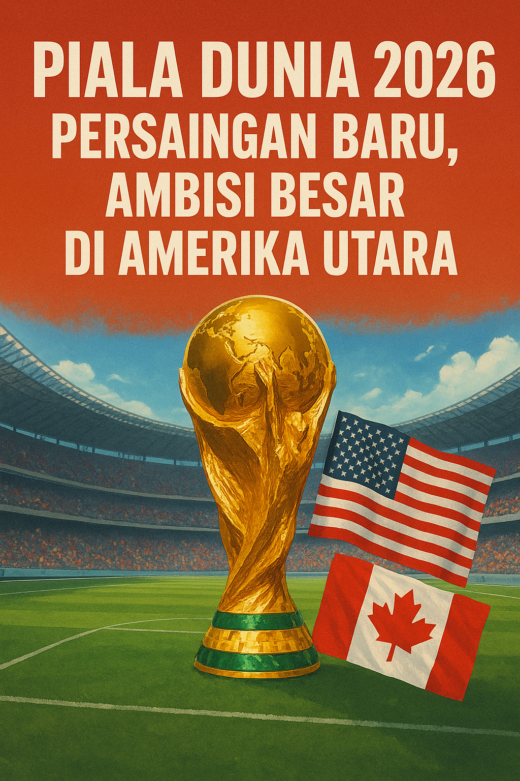 “Poster Piala Dunia 2026 dengan trofi emas dan bendera Amerika Serikat serta Kanada di dalam stadion.”