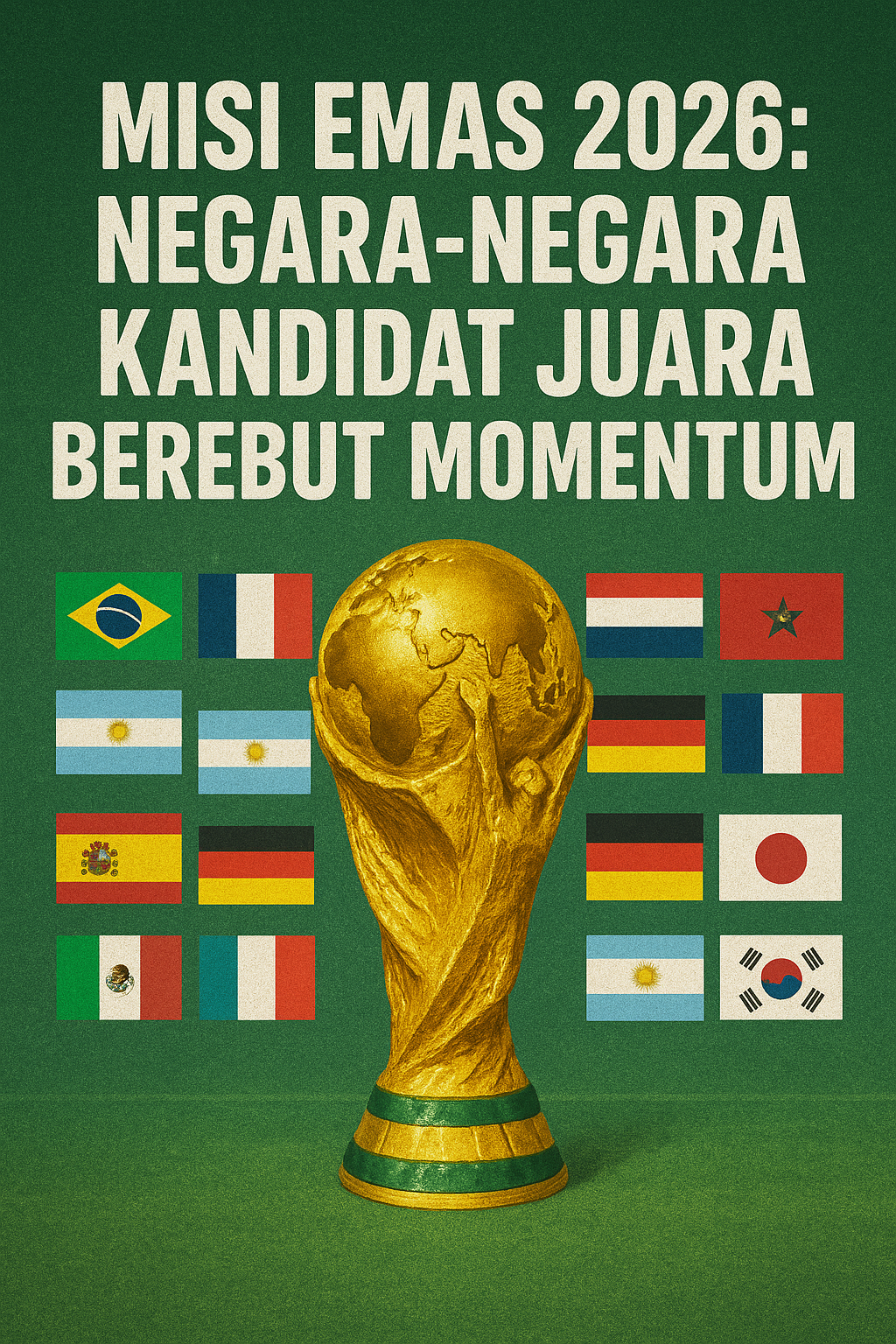 “Poster Piala Dunia 2026 menampilkan trofi emas dengan deretan bendera negara kandidat juara.”