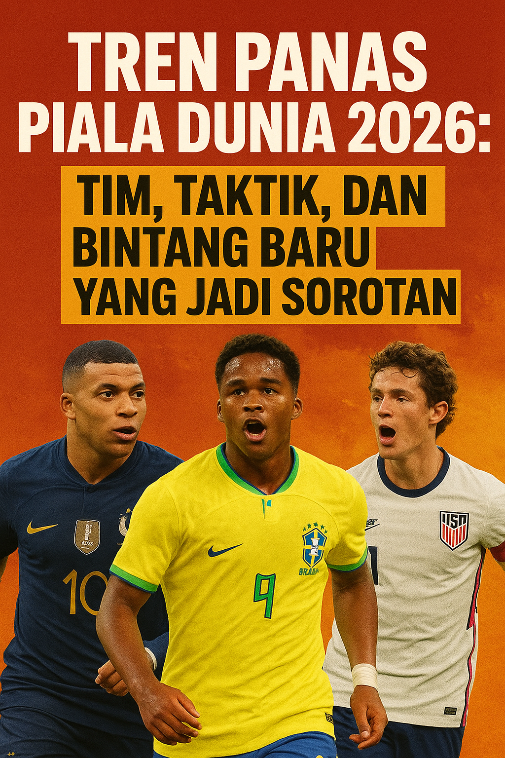 “Ilustrasi Piala Dunia 2026 menampilkan para pemain muda dan bintang utama dengan latar warna oranye, menggambarkan tren panas turnamen, taktik modern, serta bintang baru yang menjadi sorotan.”