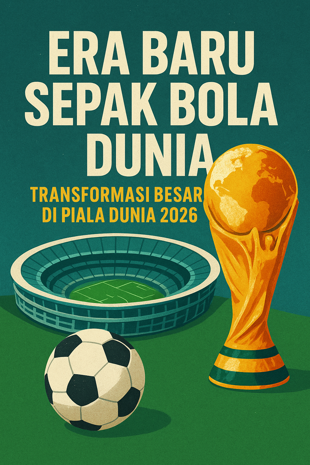 Poster bergaya modern menampilkan trofi Piala Dunia, stadion, dan bola sepak dengan teks 'Era Baru Sepak Bola Dunia: Transformasi Besar di Piala Dunia 2026'.