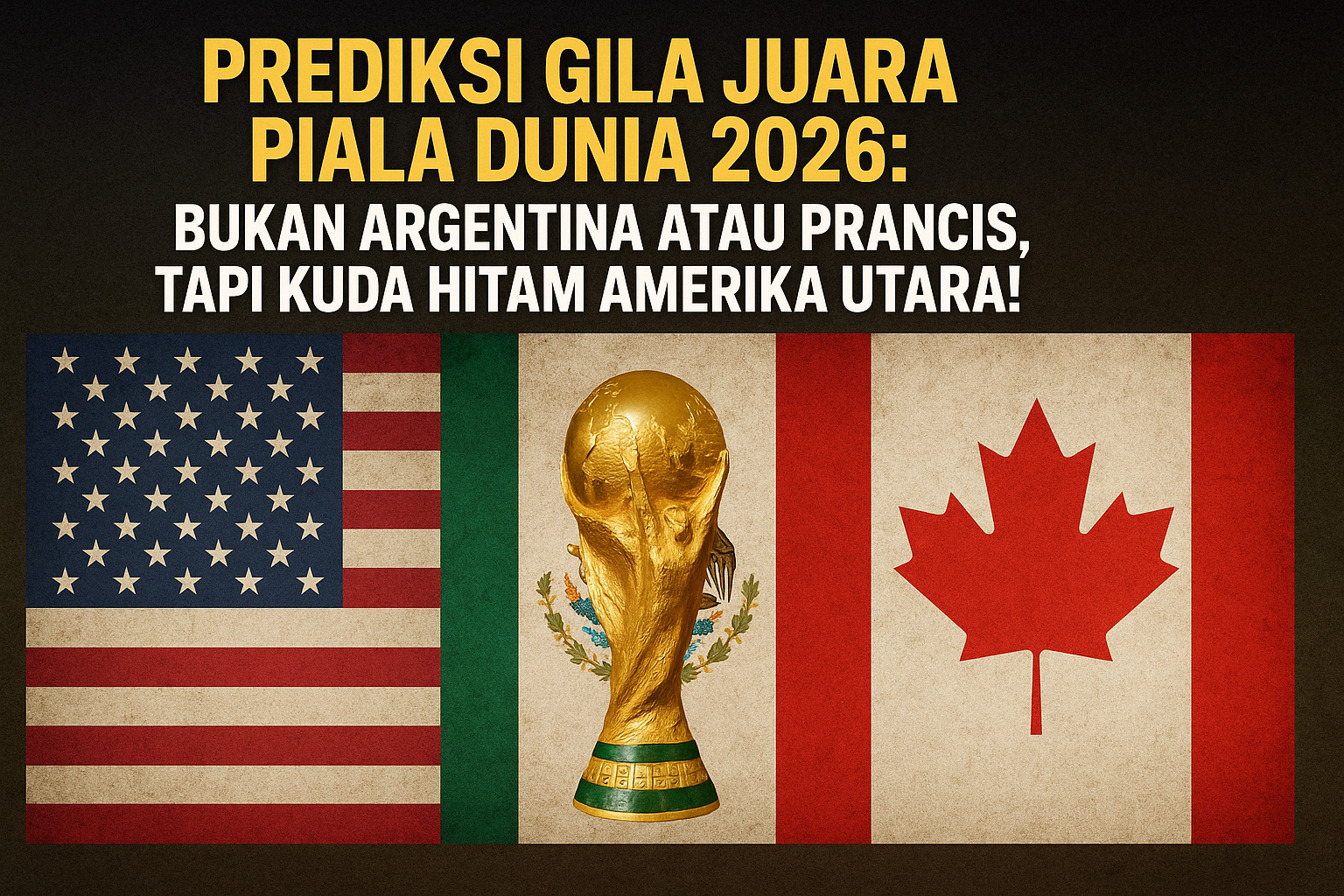 Trofi Piala Dunia di depan bendera Amerika Serikat, Meksiko, dan Kanada dengan teks prediksi juara 2026 kuda hitam Amerika Utara.