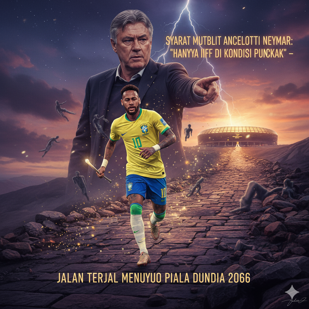 Neymar berlari di jalan terjal dengan siluet Ancelotti menunjuk dan stadion Piala Dunia di latar belakang, menggambarkan perjuangan dan syarat ketat menuju Piala Dunia 2026.