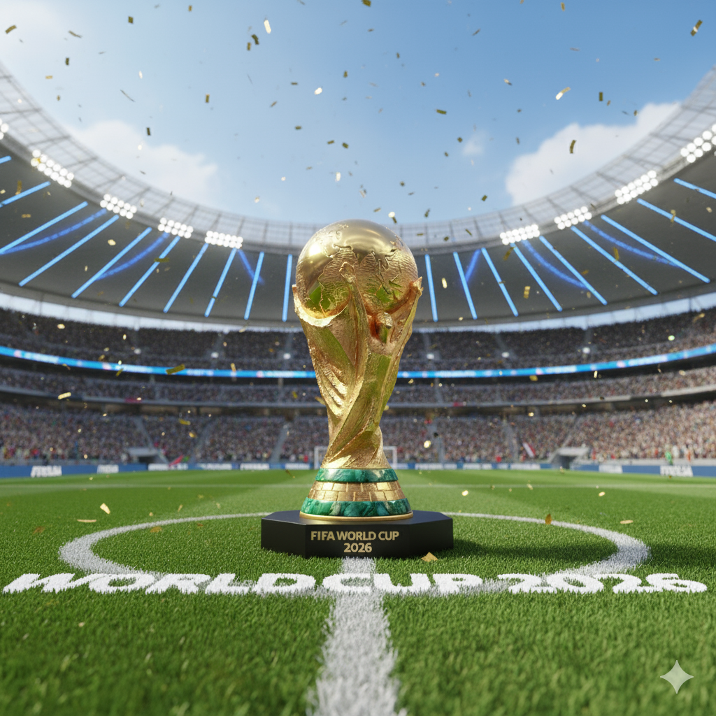 Trofi Piala Dunia FIFA 2026 berdiri megah di tengah stadion modern yang dipenuhi sorak-sorai penonton menjelang turnamen di Amerika Serikat, Kanada, dan Meksiko.