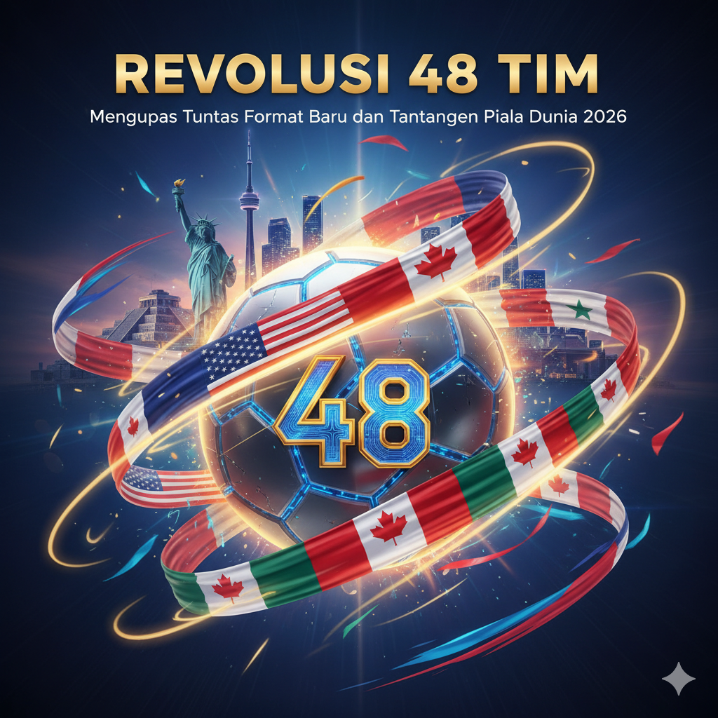 Ilustrasi bola Piala Dunia 2026 dengan angka 48, dikelilingi bendera Amerika Serikat, Kanada, dan Meksiko.